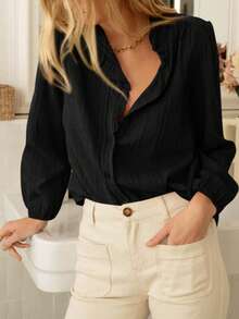 Women Casual Long Sleeve Ruffle Button Down Loose Shirt Spring Fall Autumn Vacation Work Office Blouses Tops Outfits - 黑色 - 查看 1