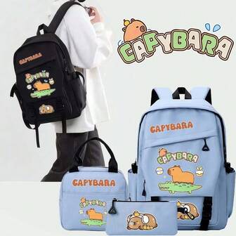 カピバラ柄 スクールバックパックセット、ランチボックスバッグ&ペンケース、軽量多ポケット学生用リュック、15.6インチノートパソコン収納可、旅行用バックパック、入学準備必需品、理想的な誕生日プレゼント 大容量多層ペンケース、入学準備やクリスマスプレゼントに最適