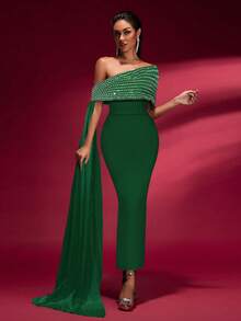 Green Solid Color Beaded Sash Off-Shoulder Fitted Dignified Bandage Maxi Dress - Dark Green - View 1