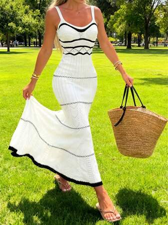 女士度假夏季海滩罩衫连衣裙 - 黑白条纹波浪编织肩带紧身针织长吊带连衣裙，优雅比基尼，轻盈毛衣 - 超长无袖方领毛衣连衣裙套装搭配针织细肩带鱼尾中长裙，适合女士，春夏秋冬