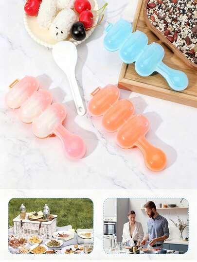4 colori Stampo per polpette di riso azionato manualmente con cucchiaio - rosa, verde, blu, giallo | Premi con un solo tocco per fare le polpette di riso, utensile fai-da-te per il bento, gadget da cucina in plastica PP durevole, stampo per riso, stampo per polpette di riso, formatore di riso