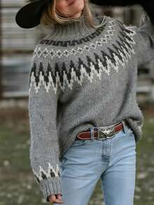 Minimalist Nordic Style Colorblock Ribbed Women Vacation Sweater, Autumn/Winter - Grey - View 3