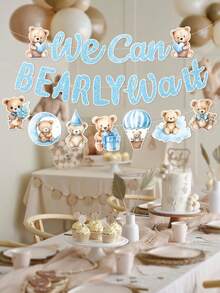 一套蓝色小熊主题婴儿派对装饰挂饰，可爱蓝色小熊图案，适合性别揭晓派对、生日派对背景、“我们迫不及待”主题装饰、婴儿洗礼派对横幅、新生儿欢迎派对房间悬挂装饰、婴儿派对装饰、婴儿派对回礼、性别揭晓派对装饰、生日装饰、生日礼物 - 藍色小熊 - 查看 5