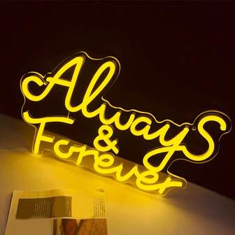 1个“永远”霓虹灯，USB供电黄色装饰灯，适用于情人节、婚礼、求婚、约会、派对、房间、卧室、客厅装饰