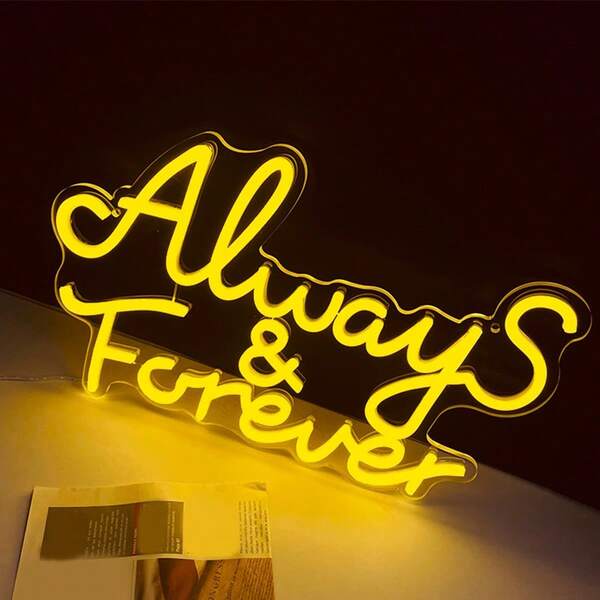 1个“永远”霓虹灯，USB供电黄色装饰灯，适用于情人节、婚礼、求婚、约会、派对、房间、卧室、客厅装饰