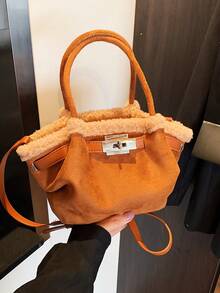 Faux Suede Bucket Bag, Fashionable Handbag With Flap Design, Shoulder Strap, Suitable For Women's Daily Wear Or Commuting, Autumn/Winter - Brown - View 1