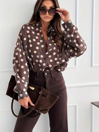 Loose Comfortable Fashionable Women's Coffee Color Polka Dot Shirt, Polka Dot Button Design, Stylish, Suitable For Valentine's Day And Daily Wear, Women's Long Sleeve Shirt, Spring/Summer Vacation