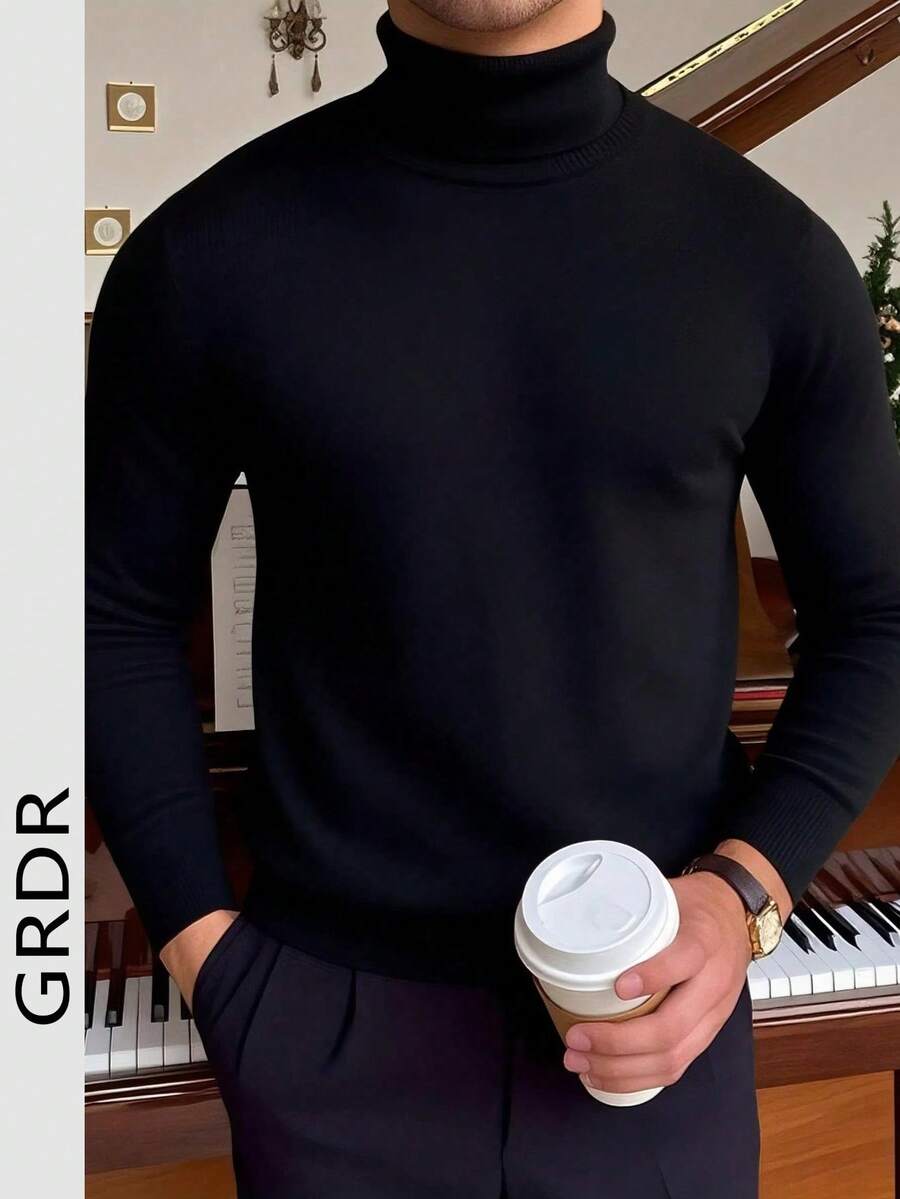 GRDR Men's Regular Shoulder Long Sleeve High Neck Sweater, Versatile For Daily Wear, Knitted - Black - View 1
