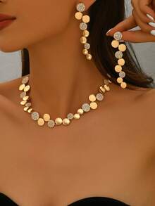 2pcs/Set Fashionable Minimalist Metal Jewelry Set, Geometric Smooth Round Rhinestone Inlaid, Asymmetrical Abstract Combination Earrings & Necklace Set, Suitable For Daily, Party, Banquet Wear - Yellow Gold - View 4