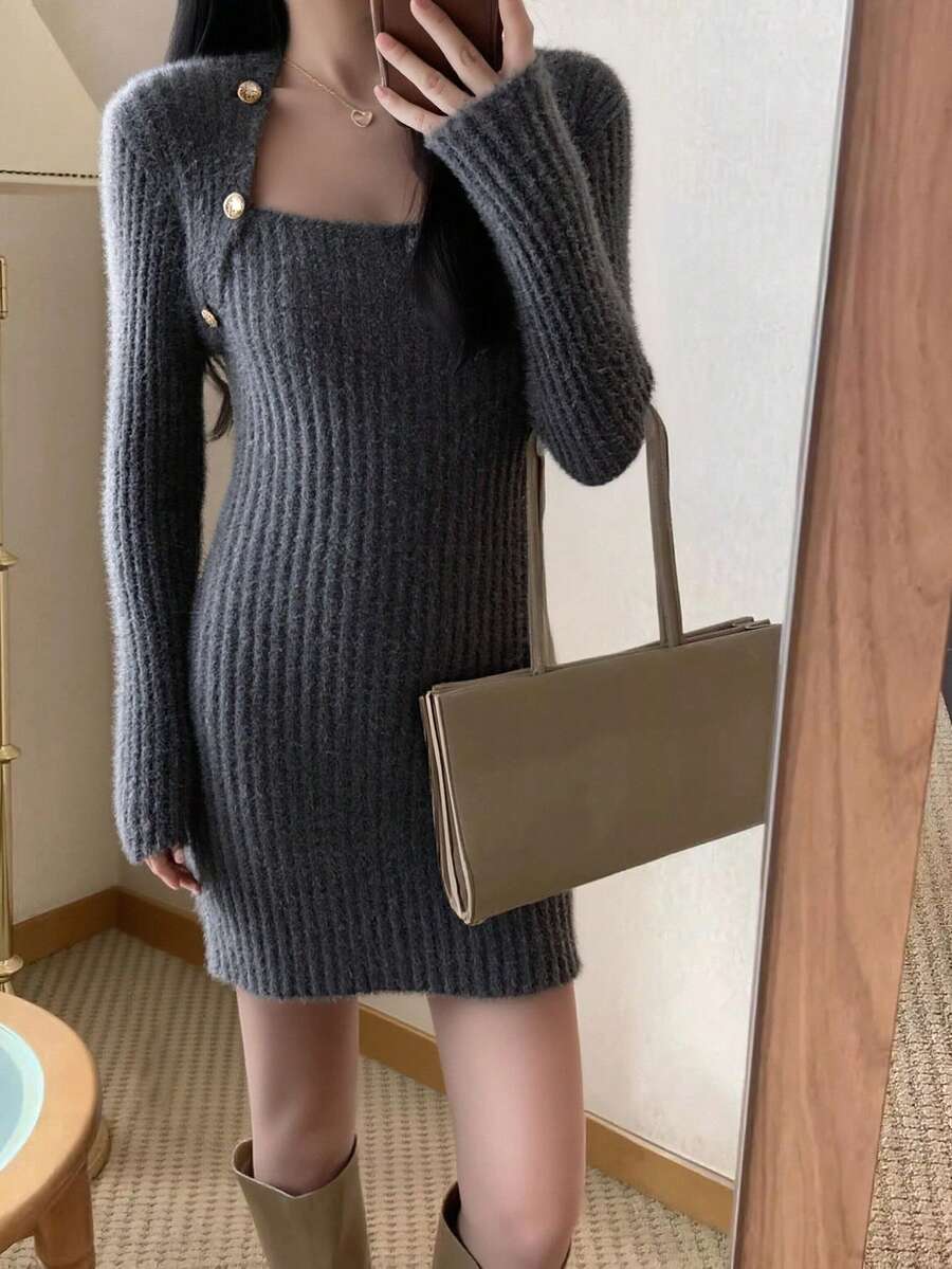 Alicedudu 女士秋冬优雅修身毛衣连衣裙 - 深灰色 - 查看 1