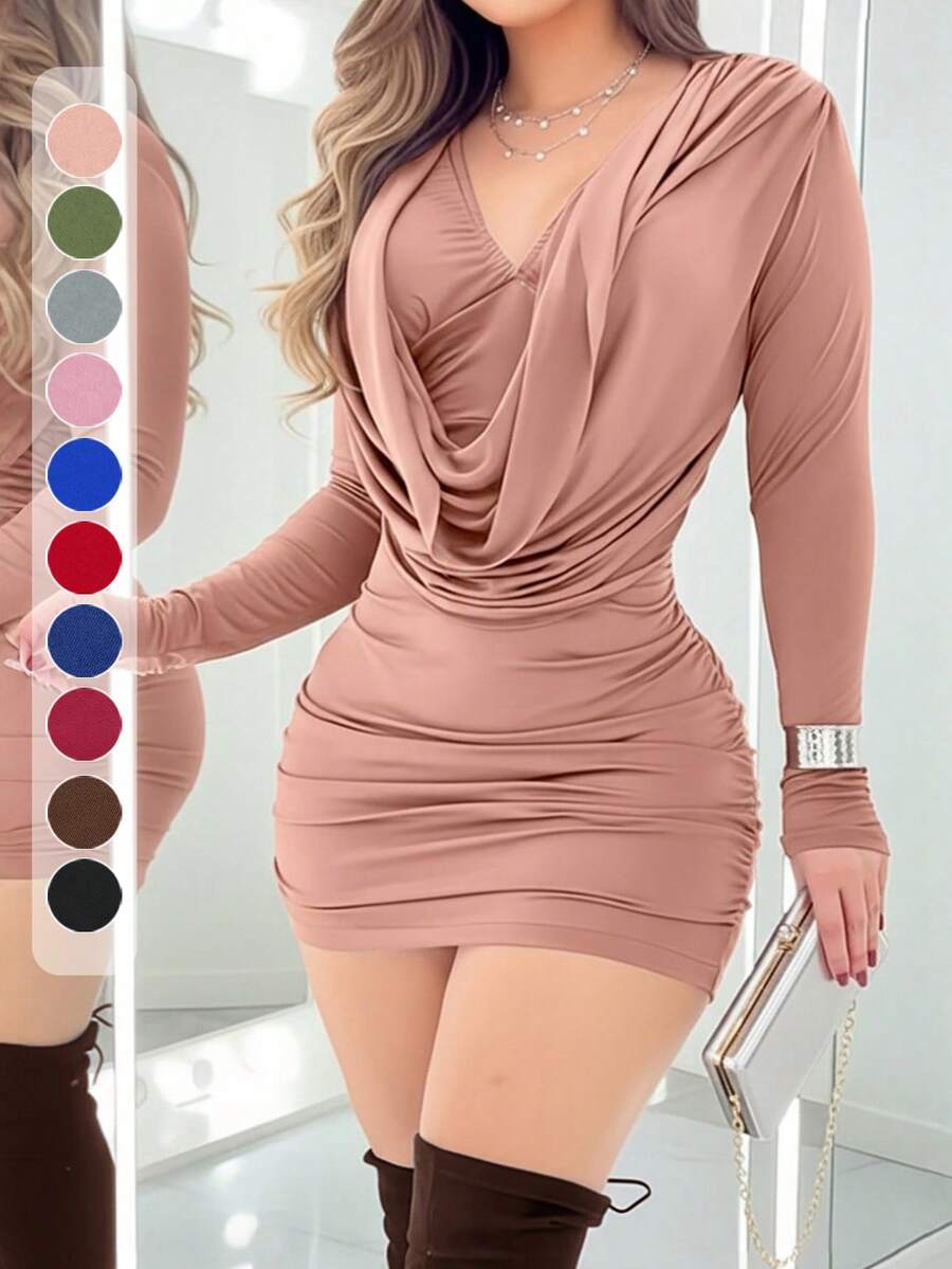 Đầm ngắn ôm sát cổ chữ V gợi cảm dành cho nữ, màu trơn, trang phục dự tiệc dành cho người lớn, thanh lịch cho mọi mùa xuân.
