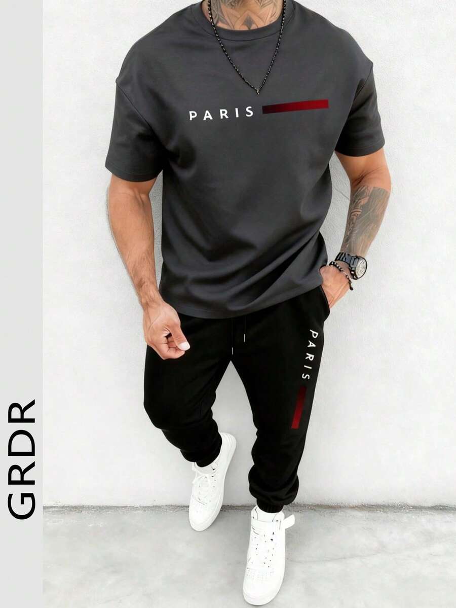 GRDR Men's Printed Crew Neck Short Sleeve T-Shirt And Drawstring Long Pants Casual Suit - Dark Grey - View 1