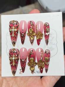 10片装奢华3D金属长尖头美甲贴纸，粉色渐变金色3D花卉设计，手工制作，Y2K少女风，高端品质，适合日常佩戴或派对，女士假指甲 - 粉色 - 查看 2