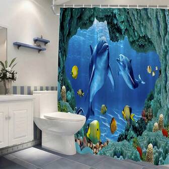 1 pieza Juego de cortina de ducha con estampado de delfín, cortina de ducha con ganchos, decoración y accesorios de baño, decoración de habitación, adecuado para el hogar, hotel, vacaciones, regalo