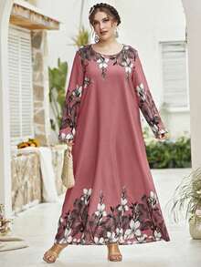 Vestido largo de poliéster de talla grande para mujer con cuello redondo y hermoso estampado de borde floral - Rosado Sandía - Ver 9
