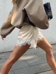 Women Floral Lace Trim Satin Shorts Silky Slip Culotte Pettipants French Knickers Y2k Lounge Short Bloomer Bottoms - 香檳色 - 查看 3