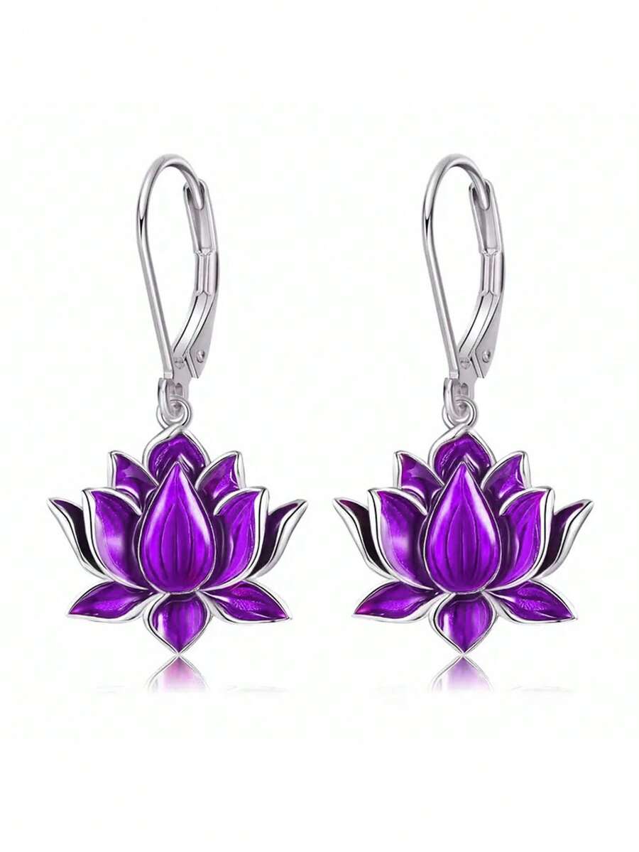 1 Đôi bông tai thả hình hoa sen xinh xắn dành cho nữ dùng để trang trí tiệc cưới, kỷ niệm ngày đính hôn, quà tặng ngày lễ tình nhân - Màu tím - Xem 1