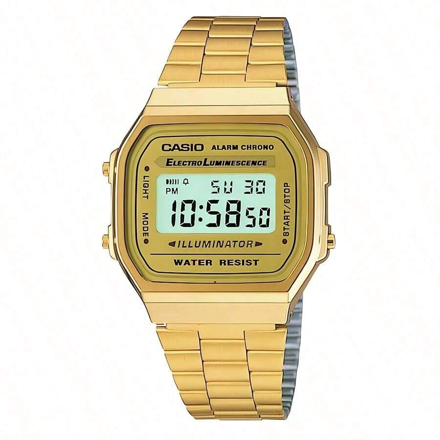 1 pieza Reloj digital retro de tono dorado Casio para hombres - Banda de reloj de acero inoxidable de lujo, reloj impermeable de moda masculino con iluminador, ideal para uso diario y apariencia