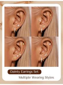 Flat Back Earrings For Women Hypoallergenic Surgical Stainless Steel Earrings For Sensitive Ears 14K Gold Plated Heart Flower Stud Earring Set Age:Over 4 Years Old - Nhiều màu - Xem 5