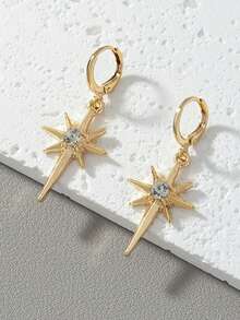 2pcs Stylish Rhinestone-Decorated Star Pendant Earrings, Round Geometric Eight-Pointed Star Earrings, Simple And Unique Style, Unisex Pendant Earrings, Suitable For Parties, Gatherings, Outings And Everyday Wear. - Gold - View 6