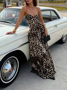 女式新款优雅抽腰大裙，日常休闲海滩度假风豹纹长裙优雅吊带超长露背性感吊带裙，Y2K 印花紧身系带修身复古长裙，春夏秋季 - 彩色 - 查看 2