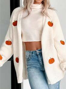 Women's Open Front Knit Cardigan Pumpkin Embroidery Long Sleeve Loose Sweater Coat For Spring, Fall - White - View 1