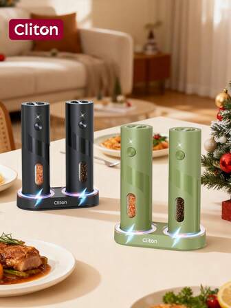 CLITON Juego de molinillos de sal y pimienta eléctricos - Juego de molinillos de sal y pimienta automáticos recargables - Saleros y pimenteros electrónicos con luz LED, molinillo de pimienta eléctrico y molinillo de sal, operación con una sola mano, molinillos automáticos con base de carga y luz LED, Juego de 2