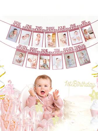 适合新生儿至12个月女宝宝的1岁生日照片横幅，1岁里程碑花环装饰 | 1岁生日照片横幅预装相框，适合儿童派对、家居装饰