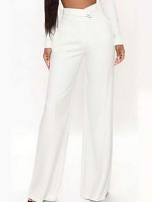Women's Solid Black Casual Elegant Straight Leg Pants, Essential Back-To-School Item, Asymmetric V-Waistline Accentuates Curves, Suitable For Daily Wear, Office, Dates, Vacation And More White Spring - White - View 6
