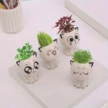 1/4Pcs White Ceramic Cat Flowerpot Vase, Mini Cat Cartoon Cute Potted Plant, Home Office Desktop Potted Plant DIY Desk Decoration School Gift ﻿Decorative Tube Decorative Tube Home Decor Room Decor Flower Vase Glass Vase - White - View 7