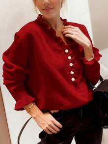 Women's Elegant Comfortable Solid Color Long Sleeve V-Neck Mushroom Button Sweater, Autumn/Winter - Red (new) - View 4