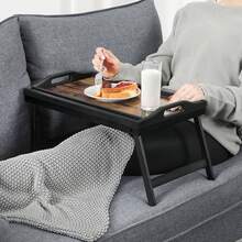 SONGMICS Mesa de Cama con Patas Plegables de Bambú, Bandeja de Desayuno de Sofá, Cama, 42 x 30 x 22 cm, Portátil, Marrón Rústico - Óxido marrón - Ver 4