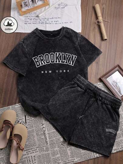 Es Trus 棉质，夏季女款趣味印花嘻哈“布鲁克林”独特个性图案印花街头，韩版舒适复古时尚通勤百搭Y2k服饰女装，适合户外休闲，常规小众朋克风格黑色修身洗水做旧女款圆领T恤短袖+短裤套装