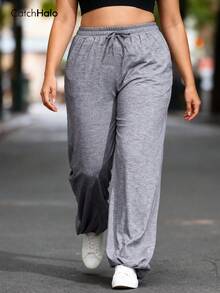 Plus Size Women Loose Casual Pants, Elastic Waistband, Drawstring, Pockets, Soft, Wide Leg, Suitable For Fitness & Yoga - Grey - View 5