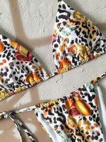 Set bikini sexy pentru femei cu imprimeu leopard și legături în spate, cu partea de sus cu bretele tip spaghete și talie înaltă