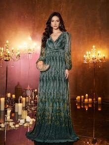 UNITHORSE [Random Cut] Women's Elegant V-Neck Long Sleeve Waist Decorated Evening Gown Dress - Dark Green - View 2
