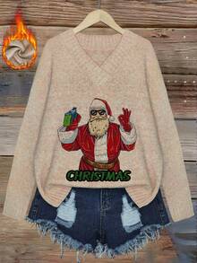Boho V-Neck Christmas Print Casual Loose Knit Pullover Top