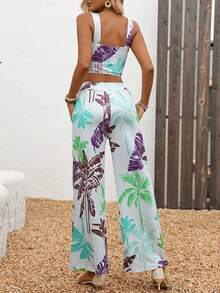 2pcs/Set Women's Tropical Print V-Neck Sleeveless Top And Wide Leg Pants Suit, Elegant Vacation Casual Outfit, Summer - Green - View 3