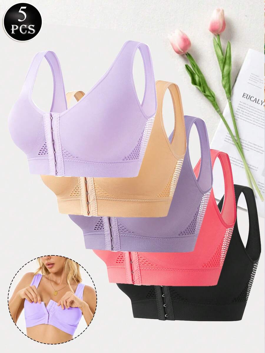 5pcs Women'S Push Up Bras For Women, Solid Seamless Running Versatile Bras For Women Breathable And Comfortable, No Steel Ring, Wide Shoulder Padding, One-Piece Cup, Bra, Sports Bra, Lingerie For Women - 彩色 - 查看 1