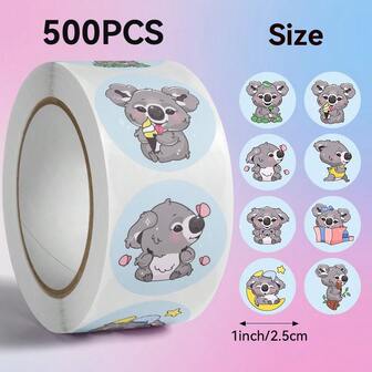 500 piezas/Rollo Pegatinas con patrón de koala de dibujos animados, Tamaño: 2,5 cm/1,0 pulgada, Forma redonda, Ideal para regalos de niños, Se puede usar para decoración de libros, decoración de tazas, etiquetas de sellado, decoración de regalos y otras decoraciones de productos preferidas