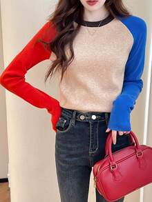 Suéter de mujer con diseño de bloques de color en cuello redondo y mangas raglán, para otoño/invierno - Multicolor - Ver 3