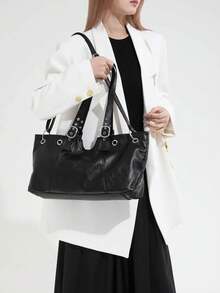 女士手提包，厂家直销，简约大容量腋下手提包，时尚百搭休闲单肩包，PU材质 - 黑色 - 查看 3