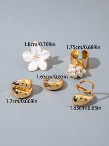 5件/12件套简约奢华不对称几何珍珠戒指套装，女士款，复古光滑表面，适合派对、送礼。