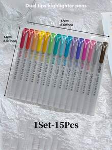 15pcs/Set Dual-Tip Fluorescent Highlighter Pens, Soft Color Tone Fluorescent Markers, Suitable For Coloring, Highlighting, Drawing, Classroom And Office Use. Pens Feature Multi-Function Fine And Thick Tip Design., Back To School - Multicolor - View 3