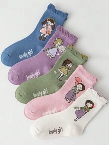 5pairs Toddler Girls Figure & Letter Graphic Crew Socks - Multicolor - View 6