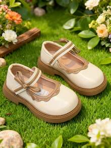 Girls' Mary Jane Bow Soft Bottom Princess Shoes, Suitable For Party Or Daily Wear - Beige - View 1