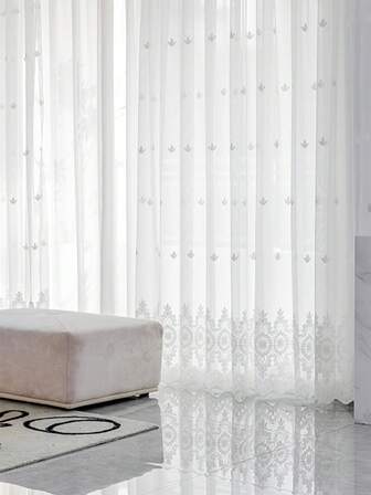 1pc White Embroidered Sheer Curtain, French Romantic Style Floral Embroidery Voile Curtain, Suitable For Living Room, Bedroom, Window And Door Decor