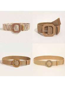 4pcs/2pcs/1pc Women Bohemian Style Wooden Buckle Straw Woven Belt, Suitable For Summer, School, Autumn, Christmas - Multicolor - View 1