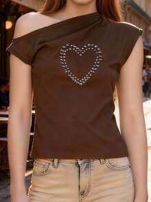 Blusa De Manga Corta Con Diseño Off-shoulder Y Detalle De Corazón Decorado Con Piedras Brillantes, Corte Ajustado  Estilo Casual Elegante Para Mujer  Prendas De Tejido Suave Y Decorativo  Blusas Versátiles Para Salidas  Moda Urbana Refinada - Marrón - Ver 3