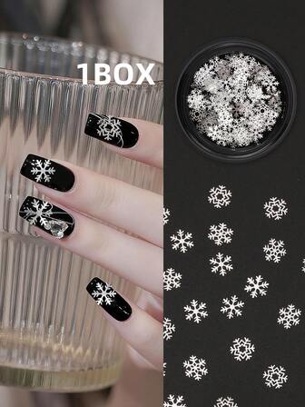 1盒圣诞美甲闪粉，银色雪花美甲饰品，雪花圣诞礼物美甲设计冬季闪粉亮片美甲DIY美甲装饰美甲用品